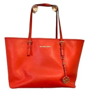 Michael Kors Red Saffiano Leather Jet Set Travel Tote